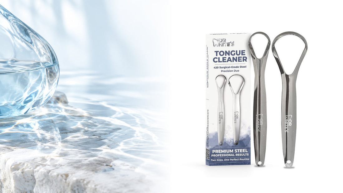 The exact Dr. White’s Precision Duo carton and its two stainless steel tools with different head sizes, paired with pale stone and cool blue light.