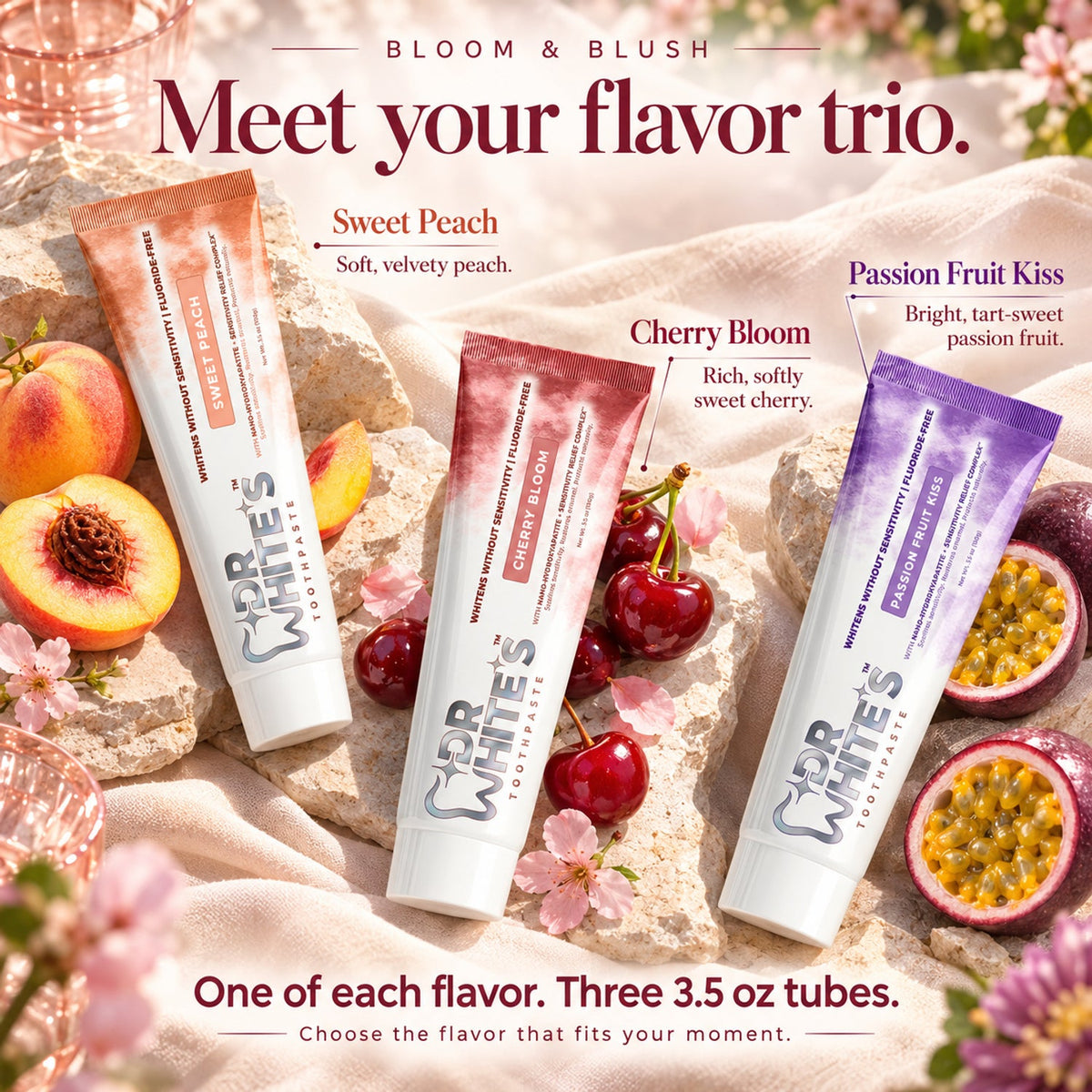Dr. White’s Fruit by Design™ Bloom & Blush Trio — Flavor guide and set contents