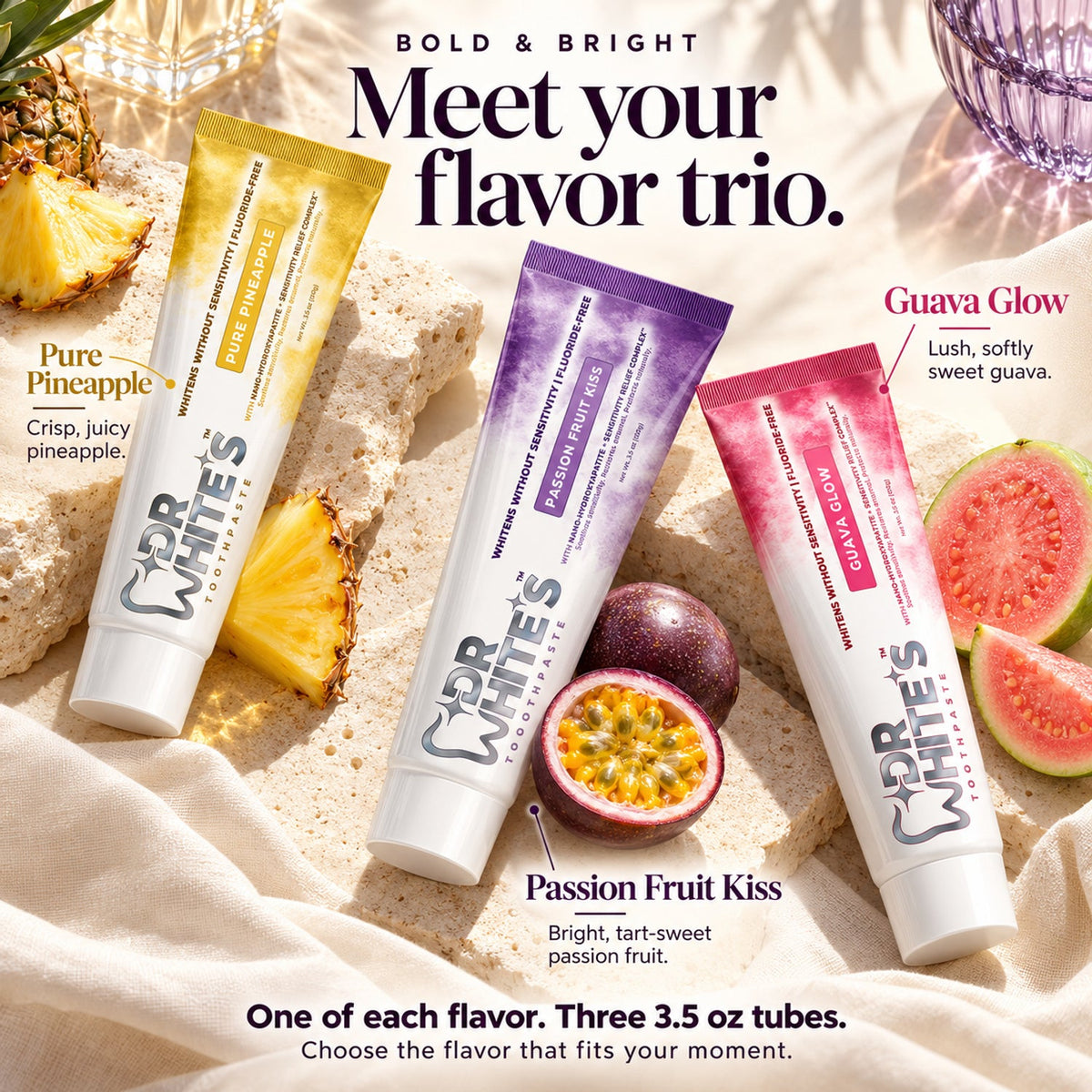 Dr. White’s Fruit by Design™ Bold & Bright Trio — Flavor guide and set contents