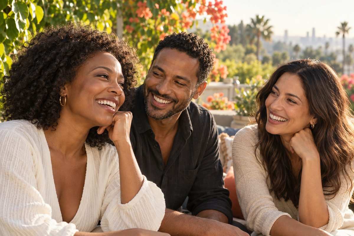 Three adults sharing a relaxed, joyful moment on a sunlit terrace